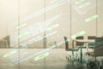 Aufkleber - Multi exposure of abstract creative coding sketch on a modern conference room background, artificial intelligence and neural networks concept