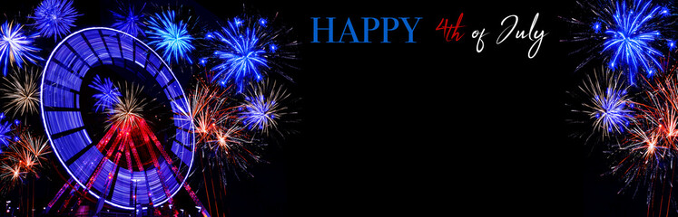 Happy 4th of July Independence Day Holiday - Summer festival party event background banner panorama - Ferris wheel in motion and colorful fireworks pyrotechnics at night