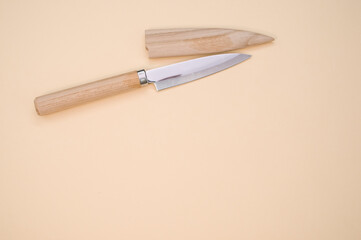 Poster - Closeup shot of a classic Japanese knife isolated on a pink background with copyscape