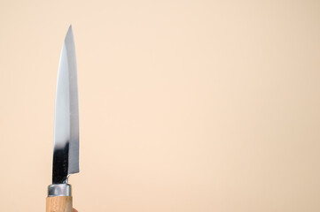 Poster - Closeup shot of a classic Japanese knife isolated on a pink background with copyscape