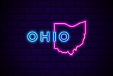 Fototapeta  - ohio US state glowing neon lamp sign Realistic vector illustration Blue brick wall glow