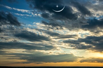 Wall Mural - crescent in cloudy sunset, sky background
