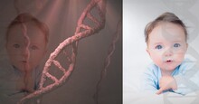 Caucasian Baby With Blue Eyes On A Digital Dna Red Background Concept