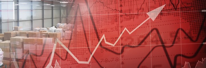 Poster - Composition of financial data processing over cardboard boxes in warehouse