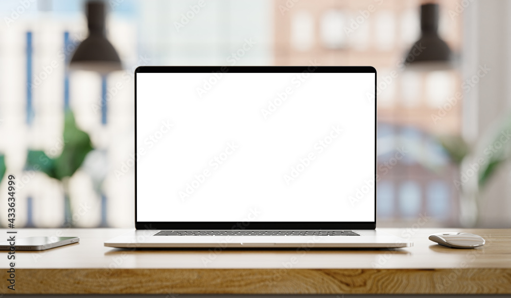 Laptop with frameless blank screen mockup template on the table in industrial office loft interior - obrazy, fototapety, plakaty 