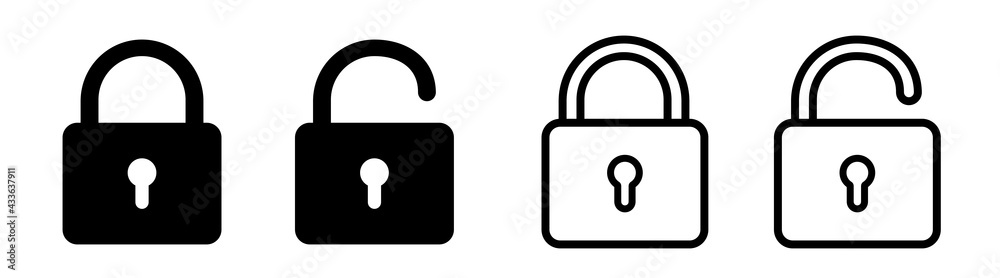 Lock icon collection. Locked and unlocked black line icon set. Flat security symbol. Vector illustration. - obrazy, fototapety, plakaty 