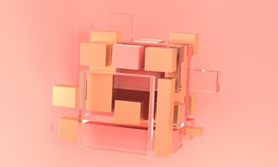 Poster - Abstract pink background with cube of glass and gold. Backdrop design for product promotion. 3d rendering