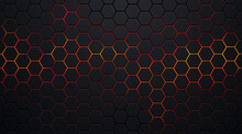 Dark Black Hexagon Pattern On Red, Orange Neon Abstract Background In Technology Style. Modern Futuristic Geometric Shape Web Banner Design. You Can Use For Cover Template, Poster. Vector Illustration