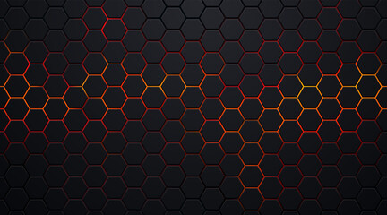 Wall Mural - Dark black hexagon pattern on red, orange neon abstract background in technology style. Modern futuristic geometric shape web banner design. You can use for cover template, poster. Vector illustration
