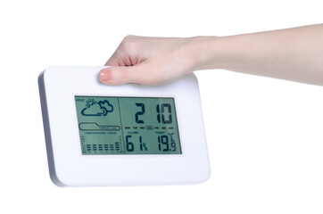 digital weather station in hand on white background isolation