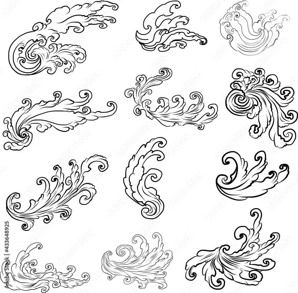 water splash and Japanese wave for tattoo.Japanese wave for tattoo.a set of  hand drawn water tattoo.Thai style Stock Vector | Adobe Stock, image size:1000x982
