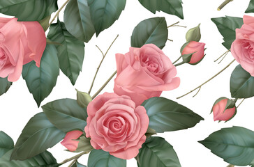 Wall Mural - Vintage flowers. Roses seamless pattern. 3d vector realistic background