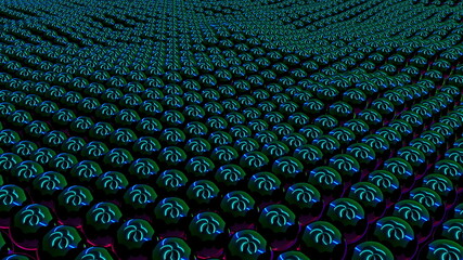 Aufkleber - Wavy surface of many neon spheres with reflection. 3d rendering modern isometric background, computer generated