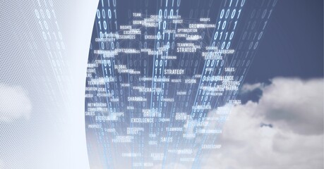 Composition of technology text and binary coding over clouds on blue sky and white background
