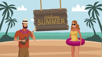 Canvas Print - welcome summer lettering with young couple on the beach