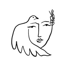 Modern Abstract Line Art Face Woman Portrait Silhouette, Pigeon Freedom Symbol.