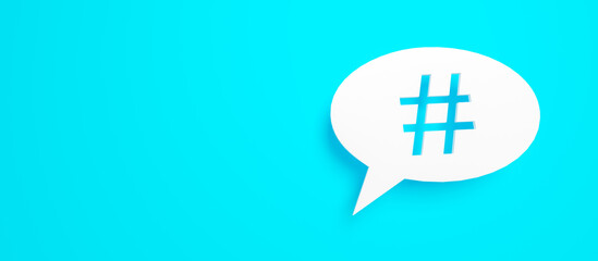 Poster - Hashtag Concept. Blue background banner with copy space and balloon tip contains hashtag symbol. 3D Rendering