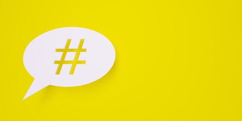 Poster - Hashtag Concept. Yellow background banner with copy space and balloon tip contains hashtag symbol. 3D Rendering