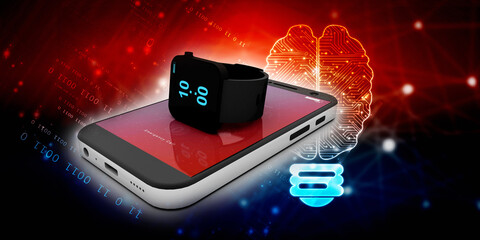 Wall Mural - 3d rendering fitness bracelet smart watch with mobile phone