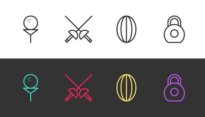 Sticker - Set line Golf ball on tee, Fencing, Rugby and Kettlebell on black and white. Vector