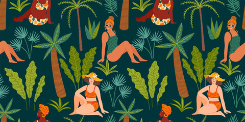 Wall Mural - Vector seamless pattern with women in swimsuit and tropical plants. Summer holliday, vacation, travel.