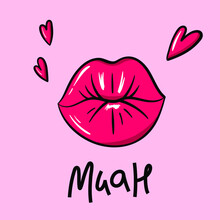 Female Lips, Hearts, Hand Drawn Lettering Muah - Kiss Sign - Vector Illustration 