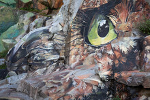 Creative Element Of Graffiti Of Bird On Rough Rocky Cliff In Mountainous Terrain