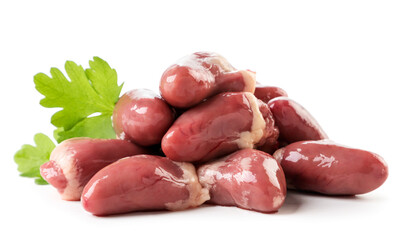 Chicken hearts with parsley leaves close-up on a white background. Isolated