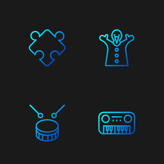 Sticker - Set line Toy piano, Drum with drum sticks, Puzzle pieces toy and puppet doll on hand. Gradient color icons. Vector