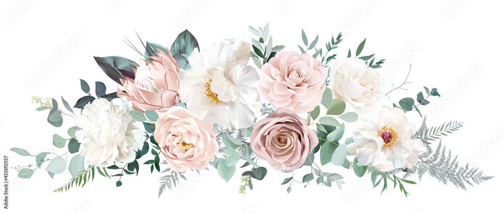 Pale pink camellia, dusty rose, ivory white peony, blush protea, nude pink ranunculus - obrazy, fototapety, plakaty 