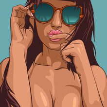 Young Beautiful Woman Kisses A Finger. Vector Illustration