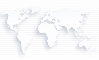 Poster - White world map floating over pattern of horizontal light gray lines.
