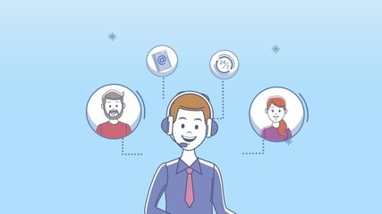 Sticker - customer service worker with clients and icons