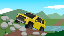 Illustration And Vector Of Yellow Car Off-road On The Soil Road With Rocks. Drive Through Rivers And Grasslands With Mountains In The Background During The Day.