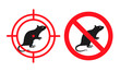 No rats sign. Vector sticker of deratization - the destruction of rodents, mice, voles and others. Sign for poisonous chemicals, rat and mouse traps. Crossed out rodent and crosshair mark.