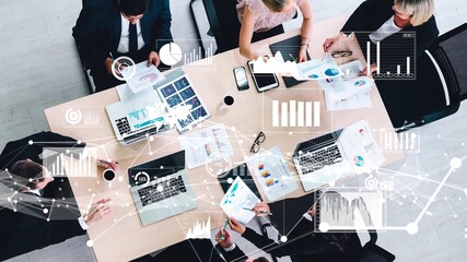 Poster - creative visual of business people in corporate staff meeting . concept of digital technology for ma