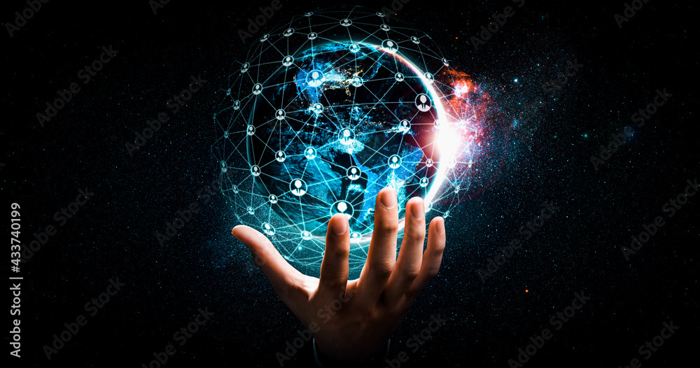 Global network connection covering earth with link of innovative perception . Concept of international trading and digital investment, 5G global wireless connection and future of internet of things . - obrazy, fototapety, plakaty 