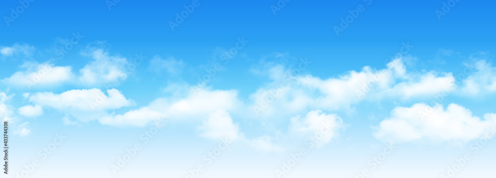 Sunny day background, blue sky with white cumulus clouds, natural summer or spring background with perfect hot day weather, vector illustration. - obrazy, fototapety, plakaty 