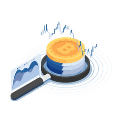Poster - Isometric Bitcoin Over Magnifying Glass with Financial Chart
