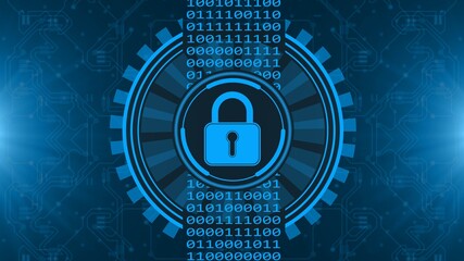 Poster - Secure technology concept - padlock binary code hud - graphic elements in blue on blurred background as circuit board - 3D Illustration