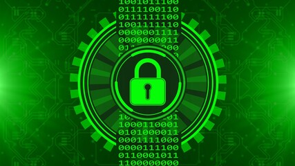 Poster - Secure technology concept - padlock binary code hud - graphic elements in green on blurred background as circuit board - 3D Illustration