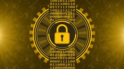 Poster - Secure technology concept - padlock binary code hud - graphic elements in orange on blurred background as circuit board - 3D Illustration