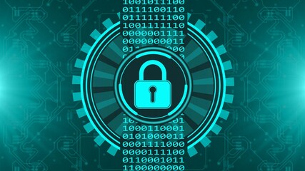 Poster - Secure technology concept - padlock binary code hud - graphic elements in turquoise on blurred background as circuit board - 3D Illustration