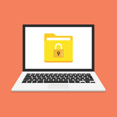 Poster - Laptop with file protection on white background. Data security and privacy concept. Safe confidential information. Vector.
