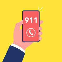 Poster - Emergency call 911 concept. Hand holding mobile phone with emergency number 911 on the screen. Vector illustration.