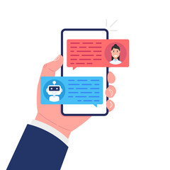 Poster - Chatbot concept. Woman chatting with chat bot on smartphone. Vector illustration.