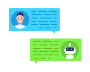 Poster - Chatbot and chat bubble icons. Idea of internet automatic dialog with computer intelligence. Male icon. Vector.