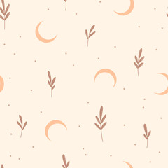 Wall Mural - Seamless pattern with moon. Bohemian art. Hand drawn botany illustration in pastel colors.