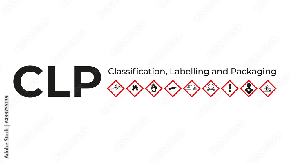 CLP - Classification, Labelling and Packaging. Background with GHS Hazard Symbol Sign - obrazy, fototapety, plakaty 