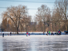 Wintertime Fun On A Frozen Pond In Zoetermeer, The Netherlands